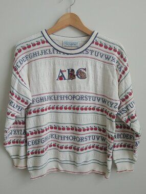 Vintage Chelsea Gardens Small ABC Alphabet sweater apple pattern cotton USA